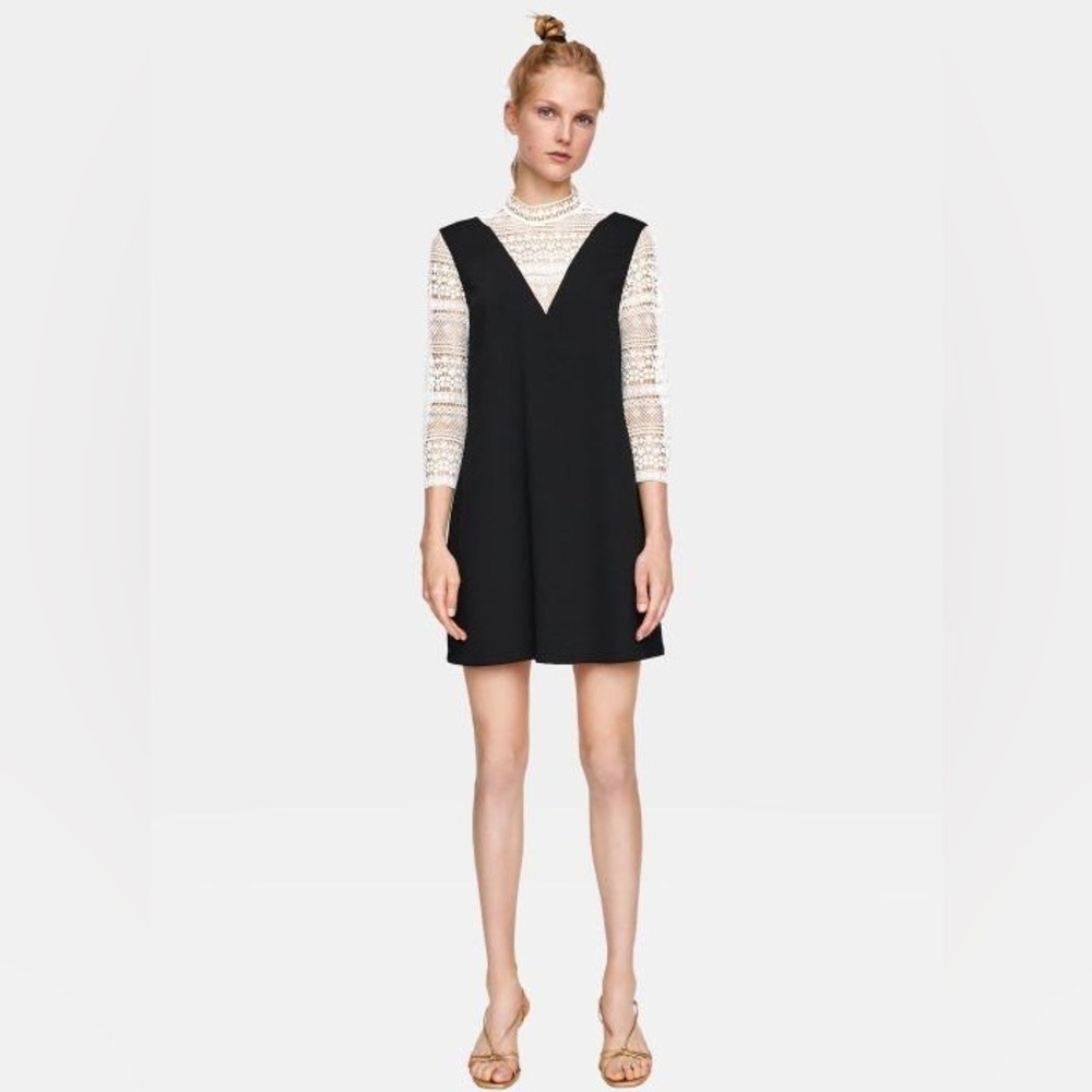 Zara Black and White Lace Long Sleeve Mock Neck Dress Size Medium